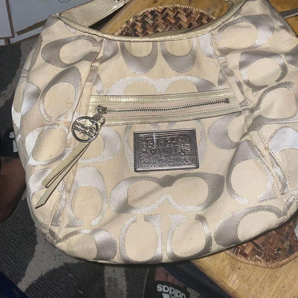 Coach Cream and Silver Signature Shoulder Bag